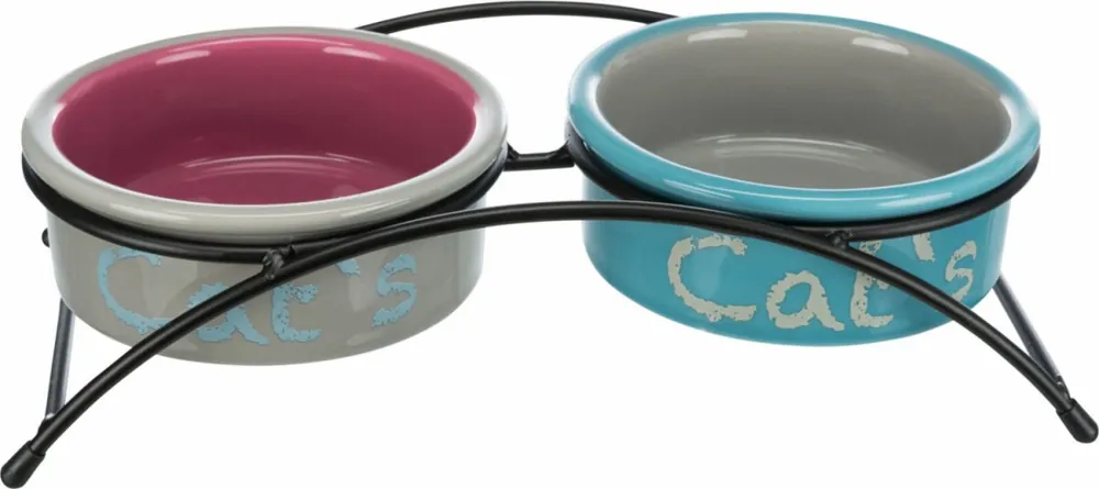 Bestseller Trixie Eat on Feet Ceramic Bowl Set zestaw misek ceramicznych 2x0,3L niebiesko-pomarańczowo-fioletowa