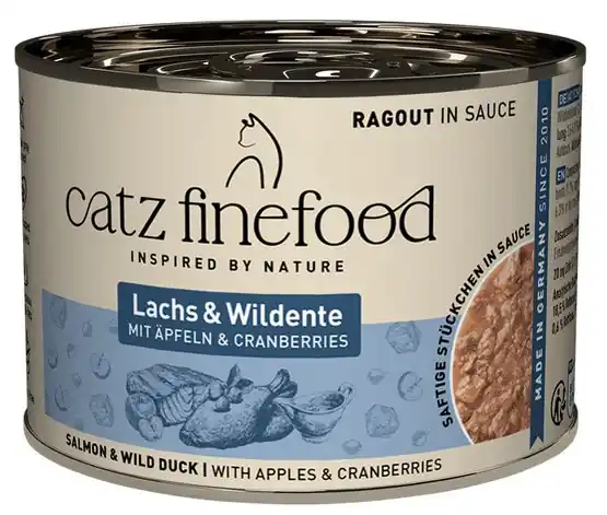 Catz Finefood Ragout N.605 Łosoś i Dzika Kaczka kąski w pysznym sosie puszka bez zbóż Nowy