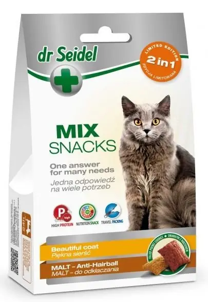 Okazja Dr Seidel przysmak MIX 2w1 na piękną sierść & malt na odkłaczanie dla kotów 60g