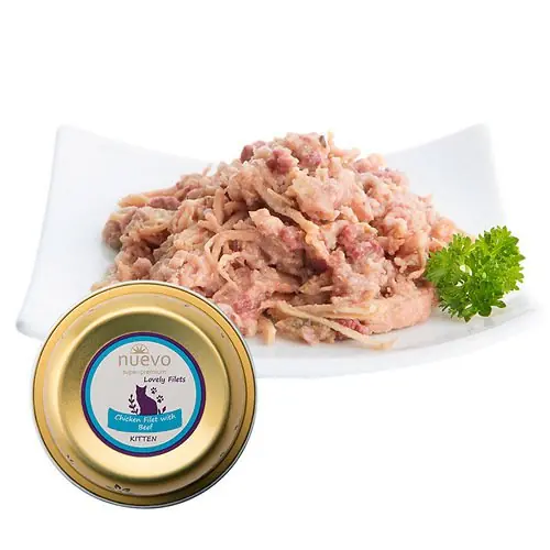 Kup online Nuevo Kitten filet z kurczaka z wołowiną i olejem lnianym tacka 80g