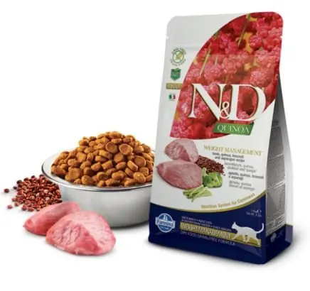 Popularny Farmina N&D Quinoa Feline Weight Managment z jagnięciną brokułami i szparagami dla kota