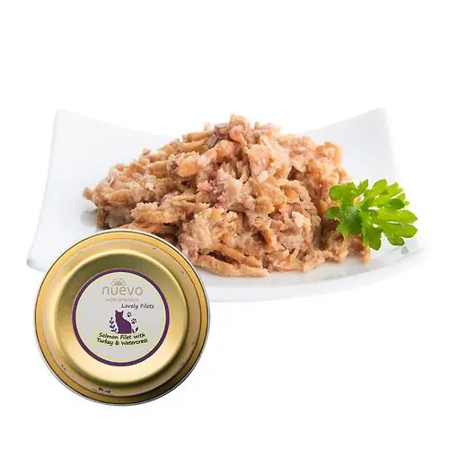 Nuevo Adult Tasty filet z łososia z indykiem, rukiew wodna i olej z łososia tacka 80g w bulionie Rabat