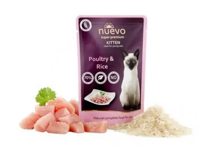 Ograniczona ilość Nuevo Kitten drób z ryżem saszetka dla kociąt bez dodatku glutenu 85g