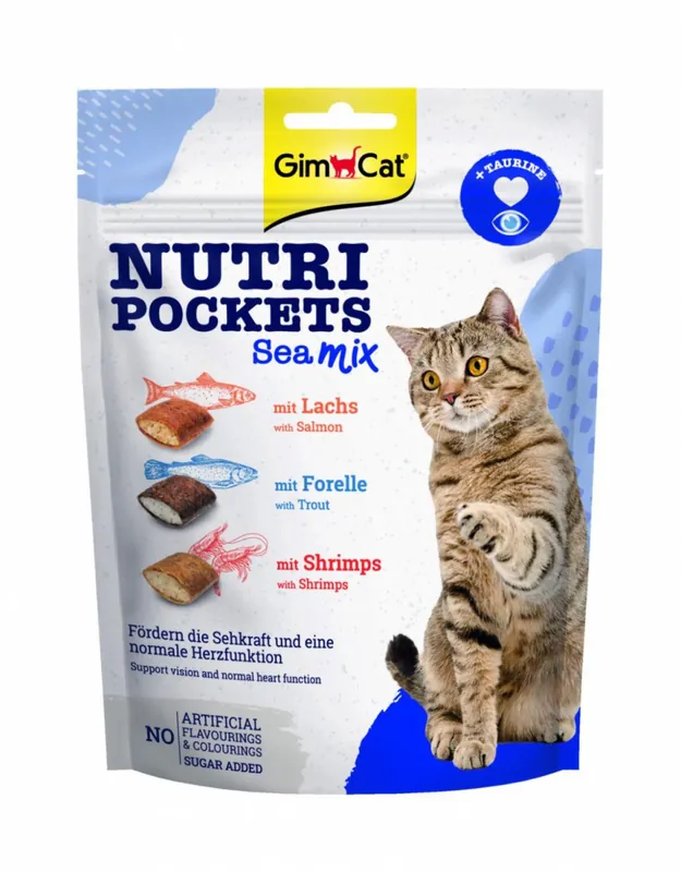 GimCat Nutri Pocket Sea Mix chrupiące poduszeczki wypełnione pysznym kremem z tauryną 150g Tani