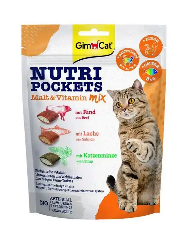 GimCat Nutri Pocket Malt & Vitamin Mix chrupiące poduszeczki wypełnione pysznym kremem 150g Wysoka jakość