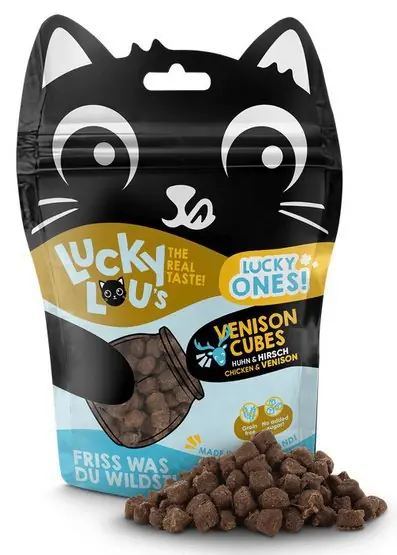 Nowy Lucky Lou Lucky Ones Cubes Kurczak & Jeleń super gorące smakołyki z dodatkową zabawą dla kota 80g