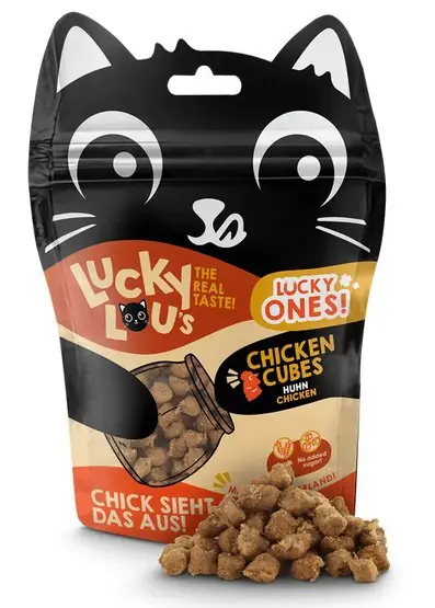 Wysoka jakość Lucky Lou Lucky Ones Cubes Kurczak super gorące smakołyki z dodatkową zabawą dla kota 80g