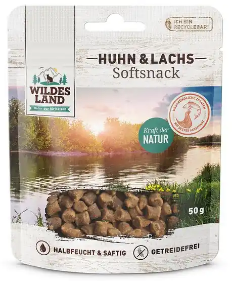 Popularny Wildes Land Softsnack Huhn & Lachs półwilgotny przysmak z kurczakiem i łososiem dla kota 50g