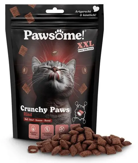 Nowość Pawsome Crunchy Paws Chrupiące, bezzbożowe przysmaki dla kotów z wołowiną 150g