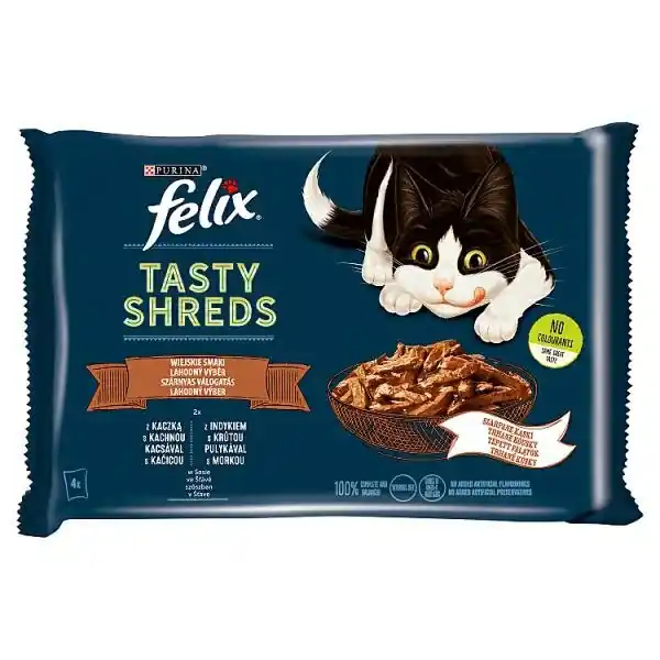 Zniżka Felix Tasty Shreds saszetki dla kota w sosie kaczka z idykiem 4x80g