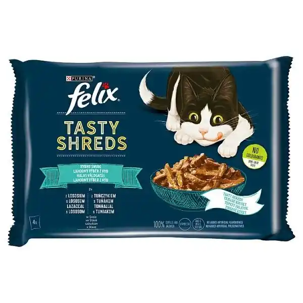 Zniżka Felix Tasty Shreds saszetki dla kota w sosie łosoś z tuńczykiem 4x80g