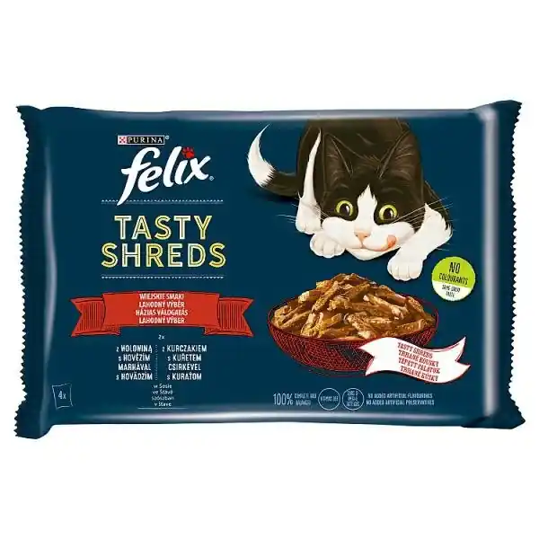 Łatwy zwrot Felix Tasty Shreds saszetka dla kota w sosie wołowina z kurczakiem 4x80g