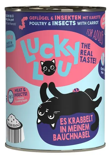 Ograniczona ilość Lucky Lou Lifestage Adult Drób i owady bezzbożowa puszka dla kota 400g