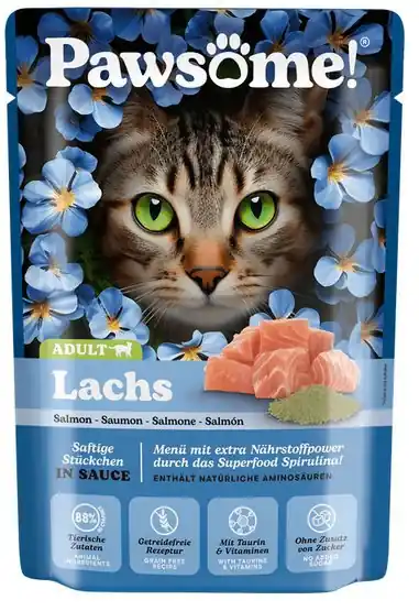 Pawsome Adult kawałki mięsa w pysznym sosie łosoś saszetka dla kota 85g Łatwy zwrot