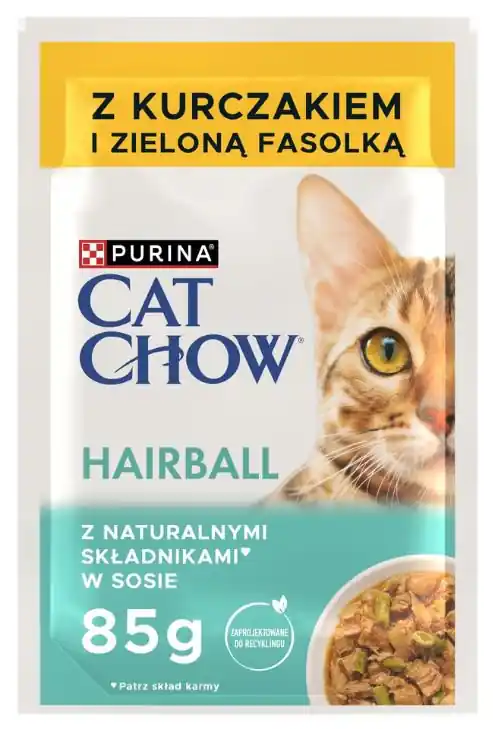Wysoka jakość Purina Cat Chow Hairball z kurczakiem i zieloną fasolką w sosie 85g