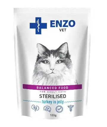Łatwy zwrot Enzo Vet Sterilised karma dla kotów sterylizowanych z indykiem w galarecie 100g