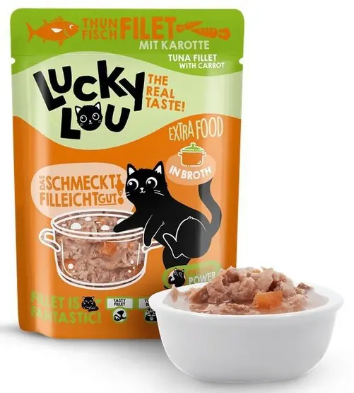 Niska cena Lucky Lou Extrafood Tuńczyk i marchewka w bulionie saszetka dla kota bez zbóż, bez ryżu, bez cukru 70g