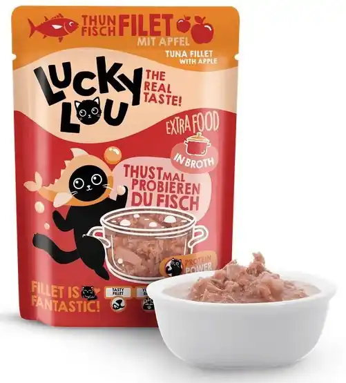 Bezpieczne zakupy Lucky Lou Extrafood Tuńczyk i jabłko w bulionie saszetka dla kota bez zbóż, bez ryżu, bez cukru 70g