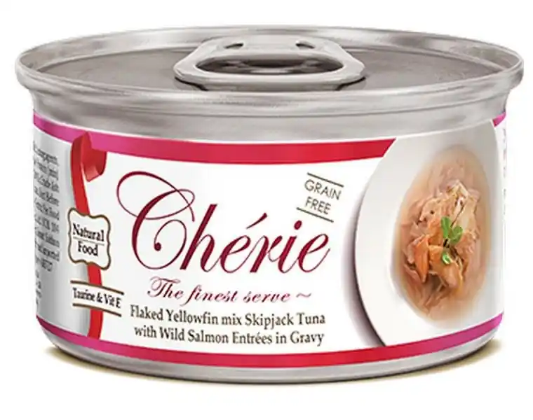 Łatwy zwrot Cherie karma dla kota tuńczyk z łososiem w sosie 80g