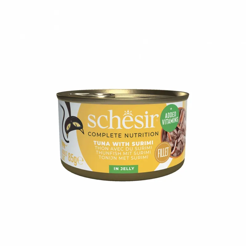 Schesir karma mokra dla kotów z kawałkami tuńczyka z surimi w galarecie 85g Popularny