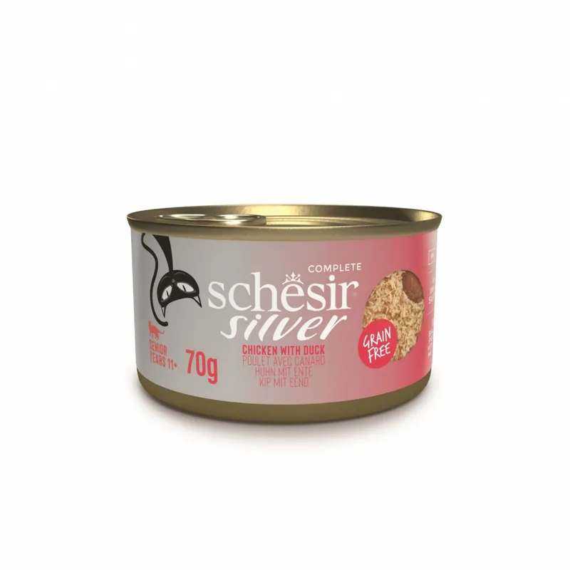 Niska cena Schesir Silver mus z rozdrobnionym kurczakiem i kaczką karma mokra dla kota 70g