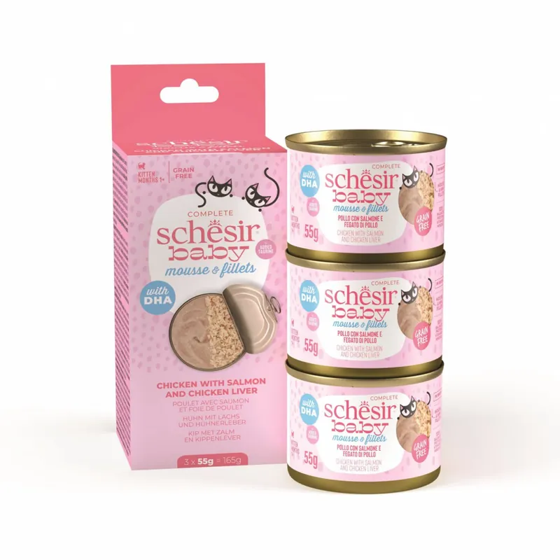 Schesir Baby Mousse multipack karma mokra dla kociąt mus z rozdrobnionym kurczakiem i łososiem 3x55g Kup online