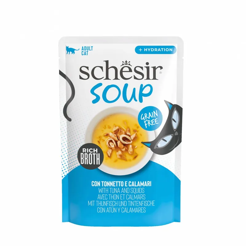 Zamów dziś Schesir Soup karma mokra dla kotów zupa tuńczyk z kalmarami 40g
