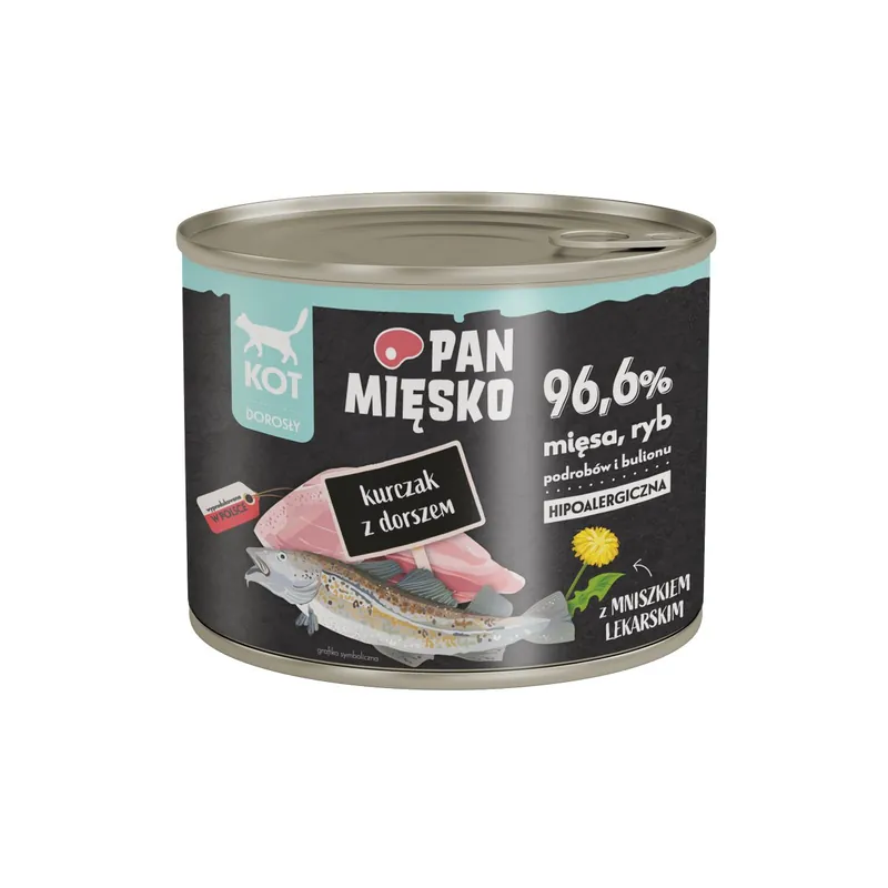 Nowy Pan Mięsko karma mokra dla kota 96,6% mięsa ryb podrobów i bulionu Kurczak z dorszem 200g