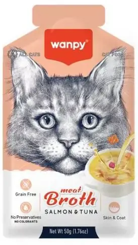Hit sprzedaży Wanpy Meat Broth Salmon & Tuna zupa z mięsnymi kawałkami dla kotów łosoś z tuńczykiem saszetka 50g