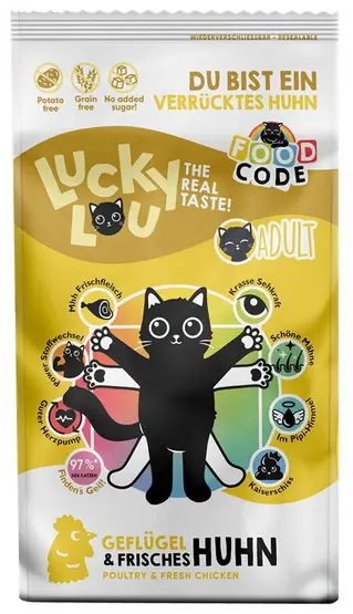 Nie przegap Lucky Lou Food Code Lifestage Adult Geflugel & Huhn sucha karma dla kota z kurczakiem i tapioką