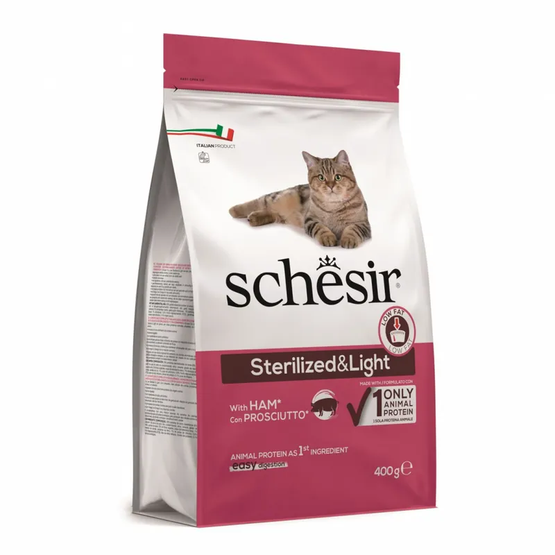 Ostatnie sztuki Schesir Original Sterilized & Light lekkostrawna sucha karma dla sterylizowanych kotów z prosciutto