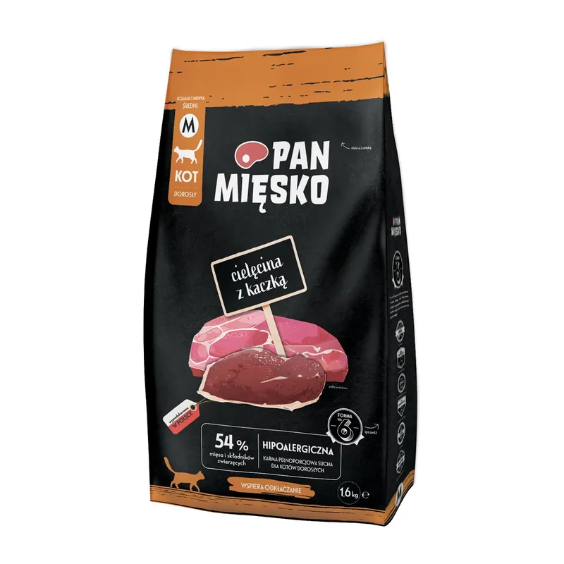 Wyjątkowa oferta Pan mięsko karma sucha dla kota o smaku cielęciny z kaczką 56,5%