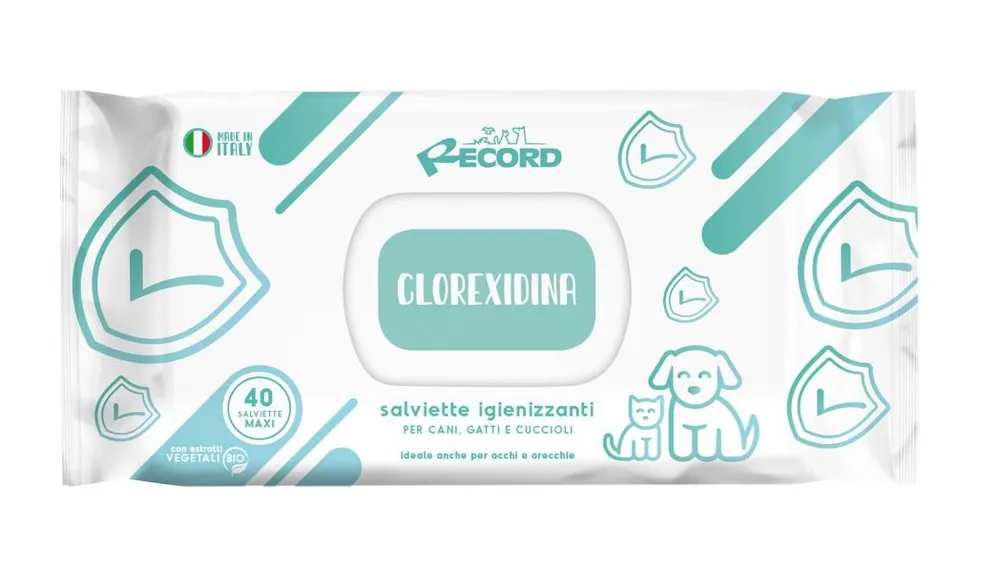 Tani Record Italy antybakteryjne wilgotne chusteczki z chlorheksydyną do codziennej higieny psów i kotów