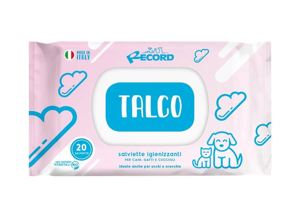 Hit cenowy Record Italy antybakteryjne wilgotne chusteczki Talco do codziennej higieny psów i kotów 20szt.