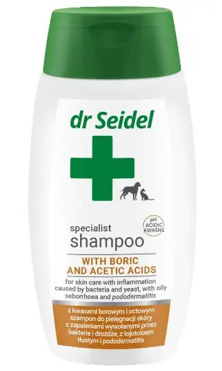 Dr Seidel Szampon z kwasem borowym i octowym do pielęgnacji skóry z zapaleniami wywołanymi przez bakterie i drożdże, z łojotokiem tłustym i pododermatitis 220ml Ostatnia szansa