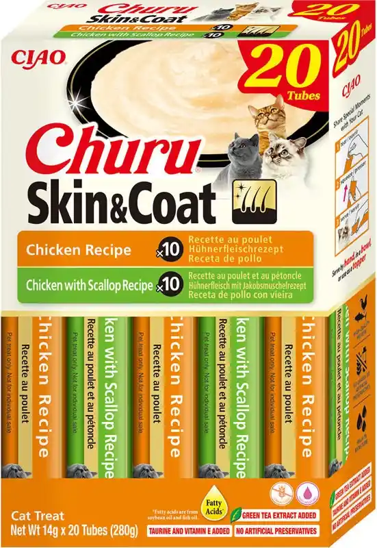 Nie przegap INABA CAT CHURU SKIN & COAT CHICKEN 20x14g (280g) BOX