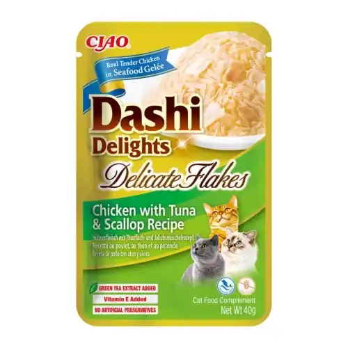 Zamów teraz Inaba Dashi Cat Delights Flakes kurczak tu艅czyk ma艂偶e 40g