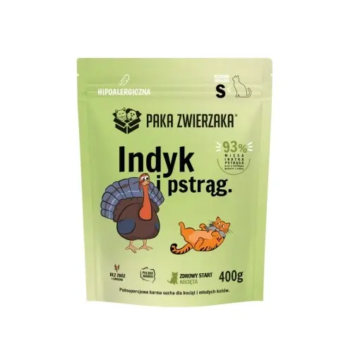 Paka Zwierzaka Indyk Pstr膮g S 400g/1,6kg - sucha karma dla koci膮t Tylko do końca tygodnia