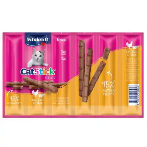 Nie przegap Vitakraft Cat Stick Mini dr贸b i w膮tr贸bka 6x6g - przysmaki dla kot贸w